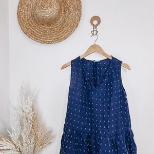 J. McLaughlin Christa Linen Tiered Clip Dot Swing Dress in Blue Size Small